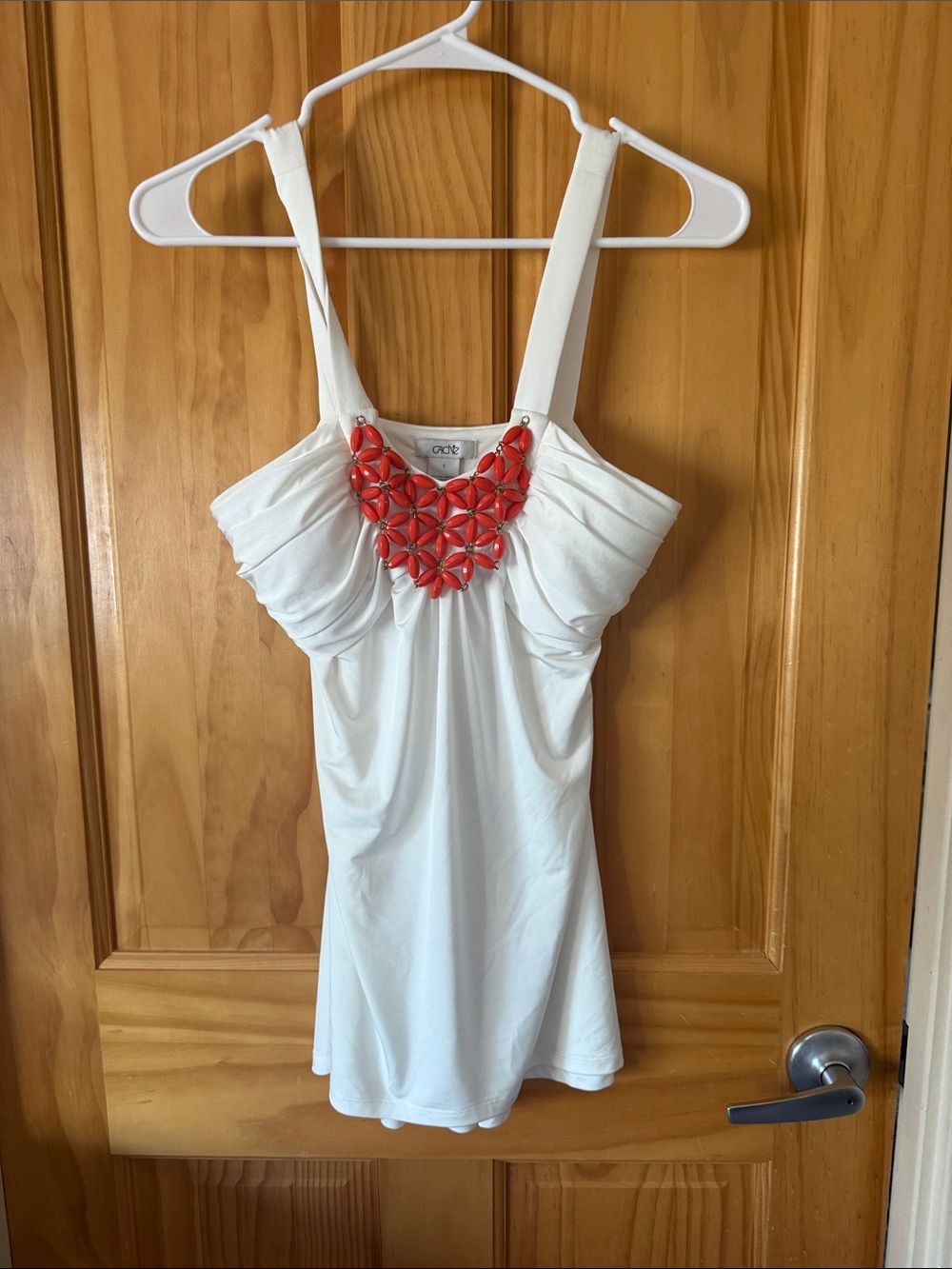 Cache White Camisole with Red Beaded Necklace Detail
